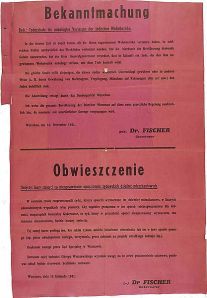 بیانیهٔ رسمی حکومت آلمان نازی در ورشوی اشغالی به سال ۱۹۴۱. بر طبق بیانیه، هر گونه کمک به یهودیان حکم اعدام خواهد داشت